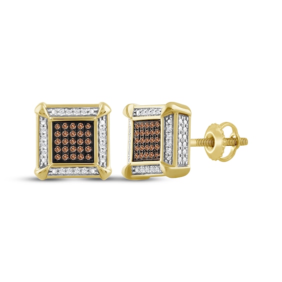 Men's Brown & White Multi-Diamond Square Stud Earrings 1/4 ct tw 10K Yellow Gold