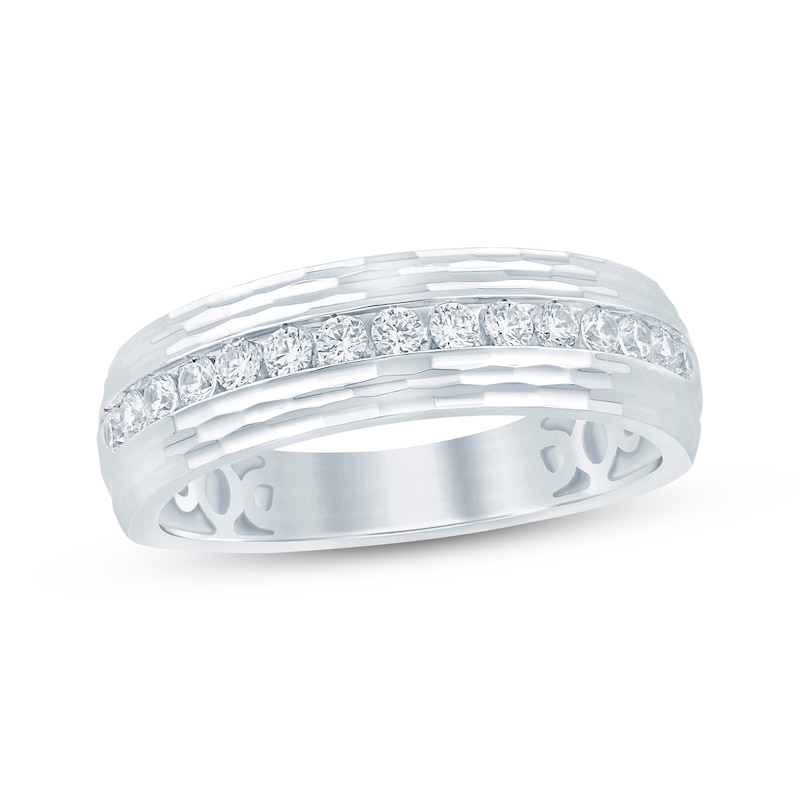 Main Image 1 of Now + Forever Men's Diamond Angled Pattern Wedding Band 1/2 ct tw 10K White Gold