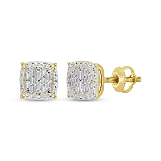 Men's Baguette & Round-Cut Multi-Diamond Stud Earrings 1/6 ct tw 10K Yellow Gold