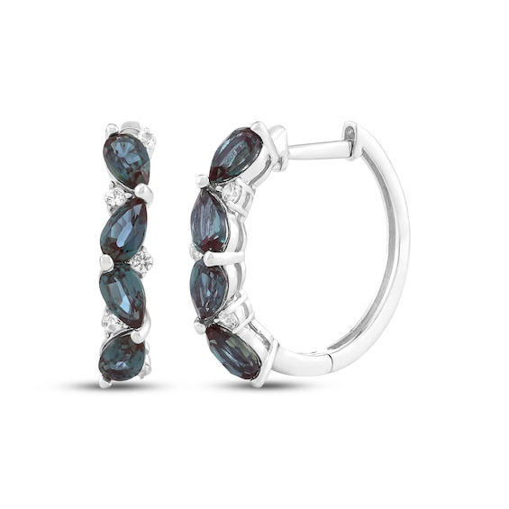 Pear-Shaped Lab-Created Alexandrite & White Lab-Created Sapphire Tilted Hoop Earrings Sterling Silver