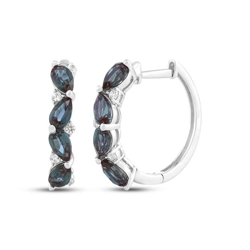 Main Image 1 of Pear-Shaped Lab-Created Alexandrite & White Lab-Created Sapphire Tilted Hoop Earrings Sterling Silver