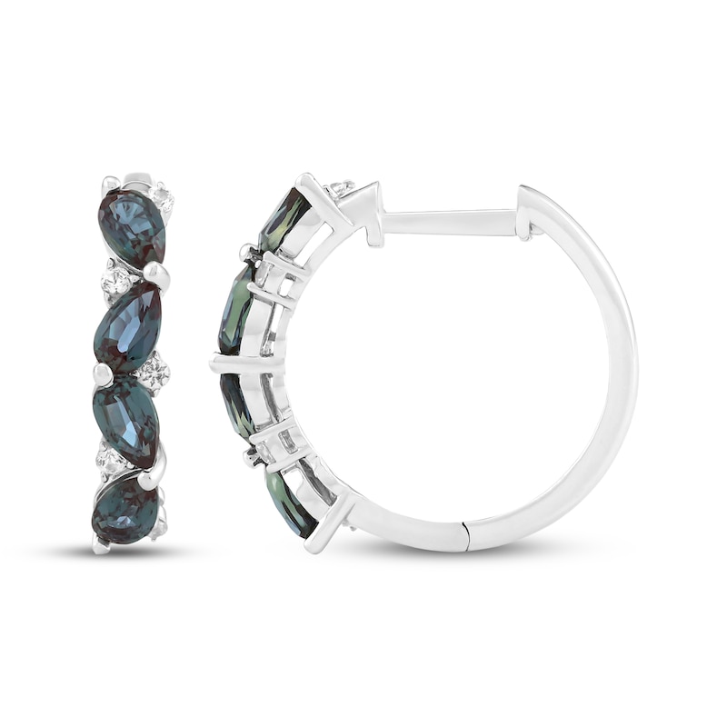 Main Image 3 of Pear-Shaped Lab-Created Alexandrite & White Lab-Created Sapphire Tilted Hoop Earrings Sterling Silver