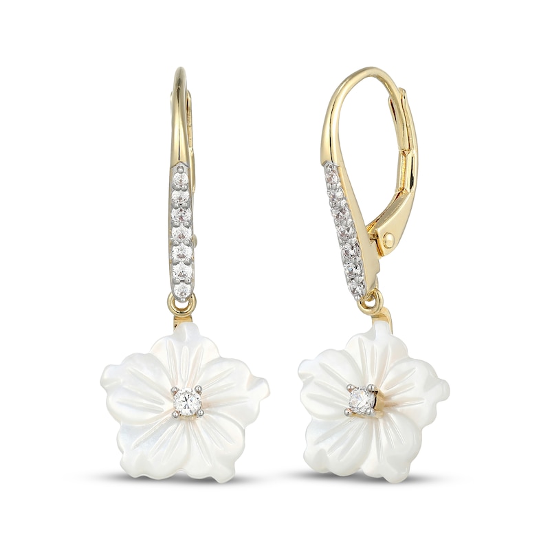Main Image 1 of Mother-of-Pearl & 1/5 ct tw Diamond Flower Dangle Earrings 10K Yellow Gold
