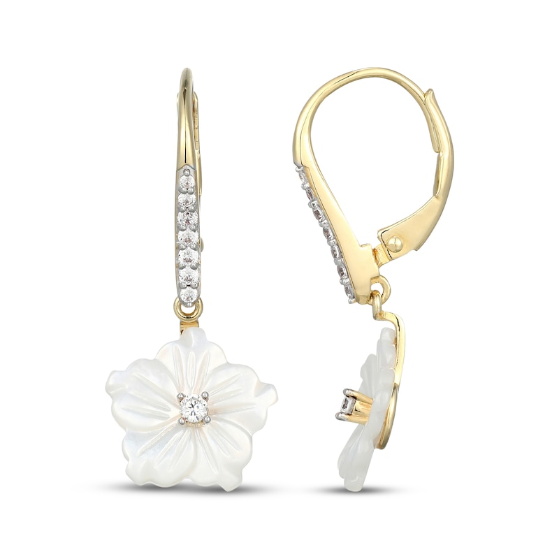 Main Image 3 of Mother-of-Pearl & 1/5 ct tw Diamond Flower Dangle Earrings 10K Yellow Gold