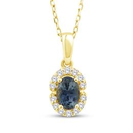 American Blue Sapphire & Diamond Halo Necklace 1/10 ct tw 10K Yellow Gold 18"