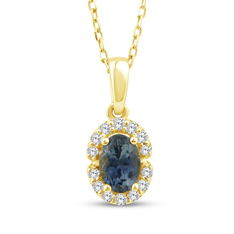 Main Image 1 of American Blue Sapphire & Diamond Halo Necklace 1/10 ct tw 10K Yellow Gold 18"