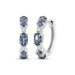 American Blue Sapphire & Diamond Three-Stone Halo Hoop Earrings 1/15 ct tw 10K White Gold