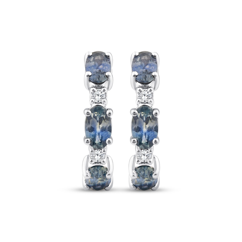 Main Image 2 of American Blue Sapphire & Diamond Three-Stone Halo Hoop Earrings 1/15 ct tw 10K White Gold