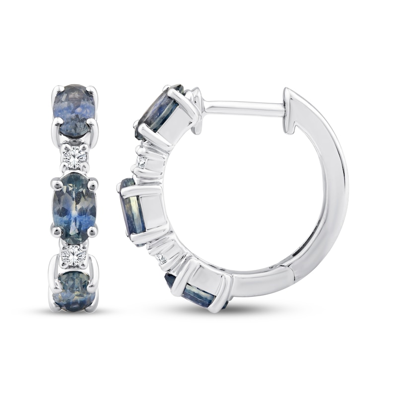 Main Image 3 of American Blue Sapphire & Diamond Three-Stone Halo Hoop Earrings 1/15 ct tw 10K White Gold