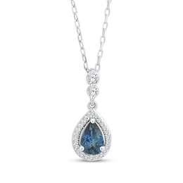 American Blue Sapphire & Diamond Halo Necklace 1/10 ct tw 10K White Gold 18"