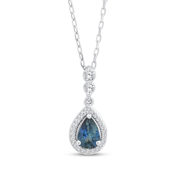 American Blue Sapphire & Diamond Halo Necklace 1/10 ct tw 10K White Gold 18"