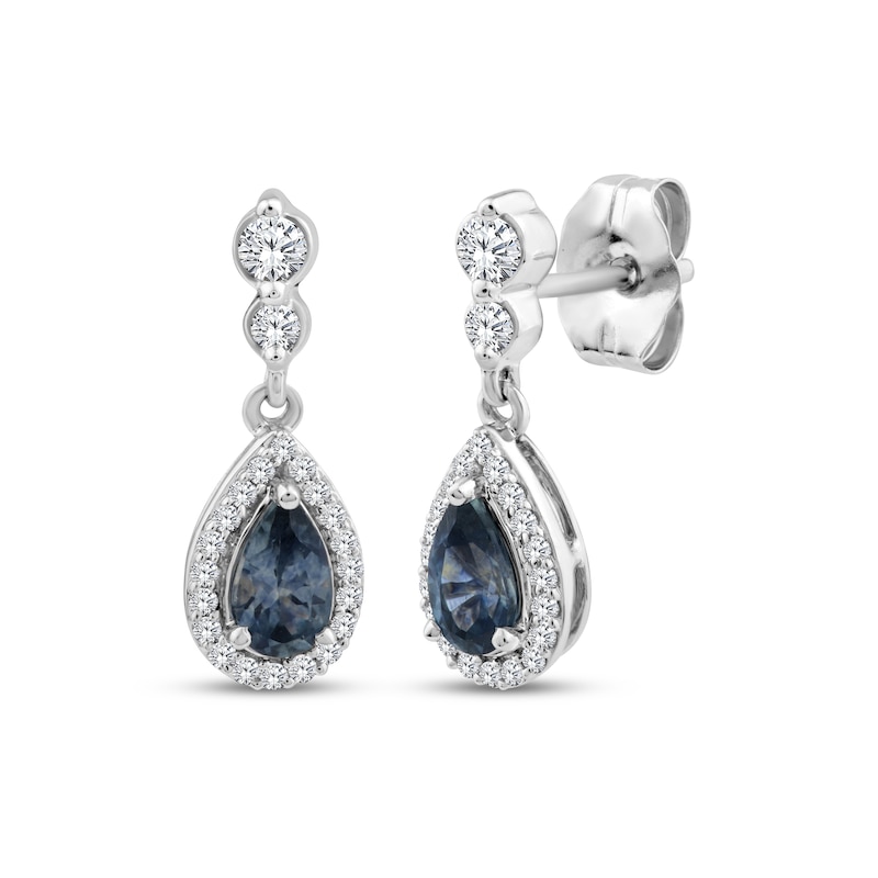 Main Image 1 of American Blue Sapphire & Diamond Halo Drop Earrings 1/6 ct tw 10K White Gold