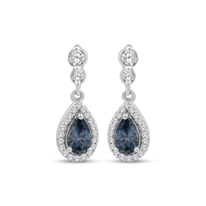 Main Image 2 of American Blue Sapphire & Diamond Halo Drop Earrings 1/6 ct tw 10K White Gold