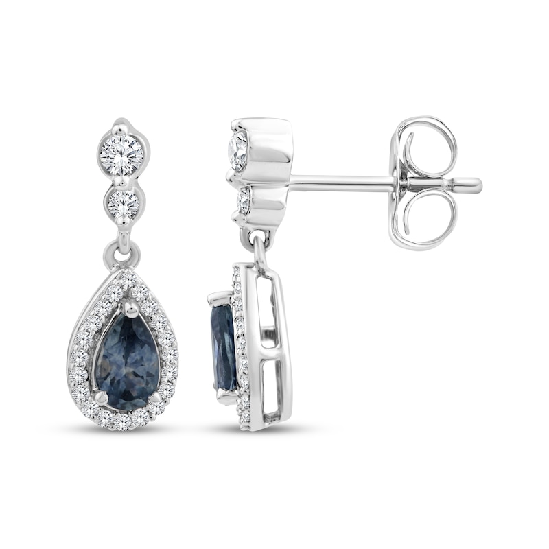 Main Image 3 of American Blue Sapphire & Diamond Halo Drop Earrings 1/6 ct tw 10K White Gold
