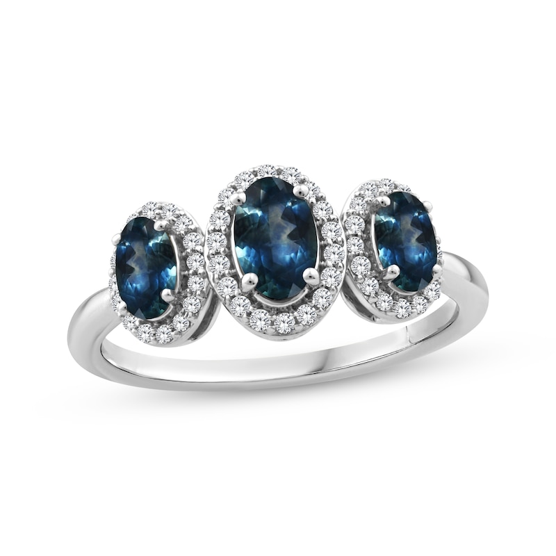 Main Image 1 of American Blue Sapphire & Diamond Three-Stone Halo Ring 1/6 ct tw 10K White Gold