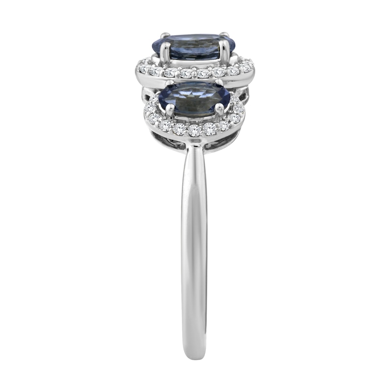 Main Image 2 of American Blue Sapphire & Diamond Three-Stone Halo Ring 1/6 ct tw 10K White Gold