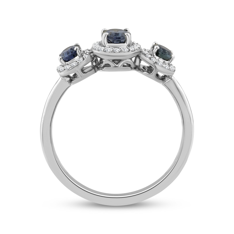 Main Image 3 of American Blue Sapphire & Diamond Three-Stone Halo Ring 1/6 ct tw 10K White Gold