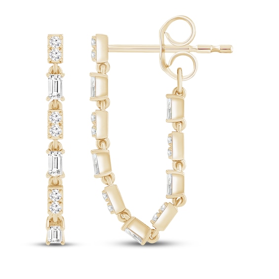 Baguette & Round-Cut Diamond Front-Back Chain Dangle Earrings 1/3 ct tw 10K Yellow Gold