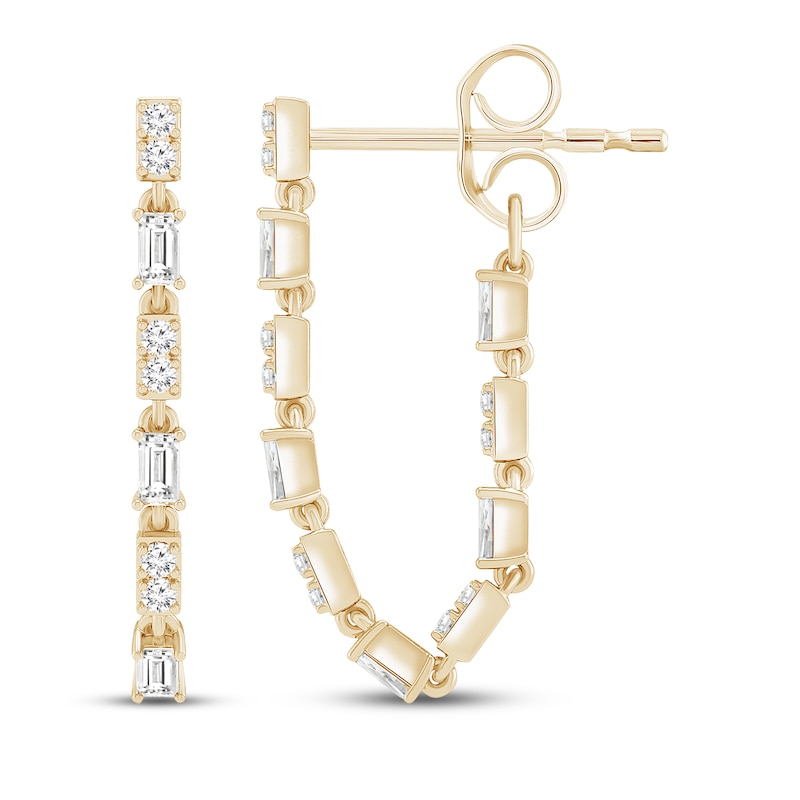 Main Image 1 of Baguette & Round-Cut Diamond Front-Back Chain Dangle Earrings 1/3 ct tw 10K Yellow Gold