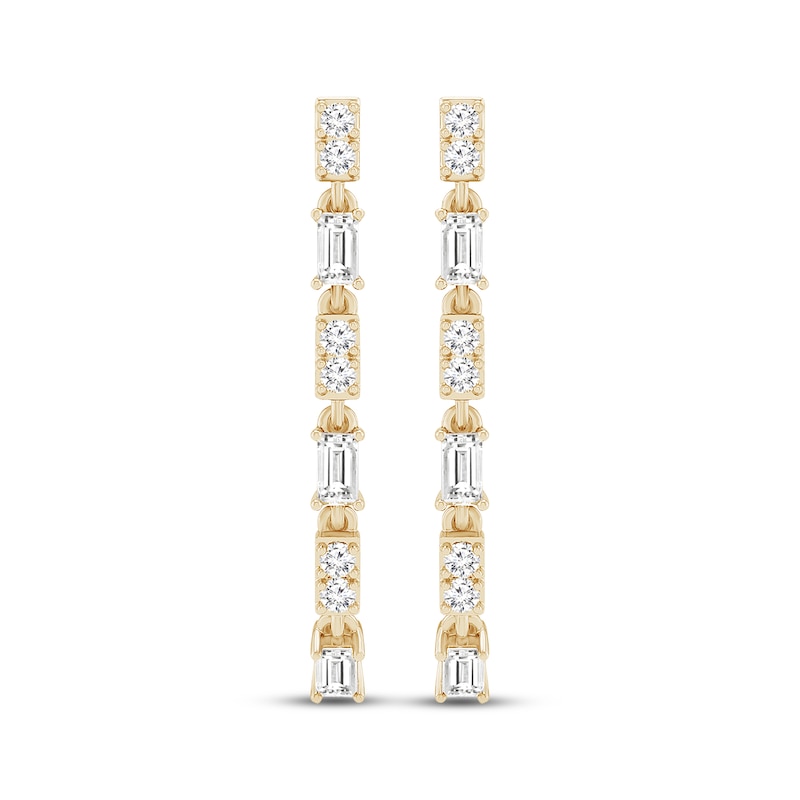 Main Image 2 of Baguette & Round-Cut Diamond Front-Back Chain Dangle Earrings 1/3 ct tw 10K Yellow Gold
