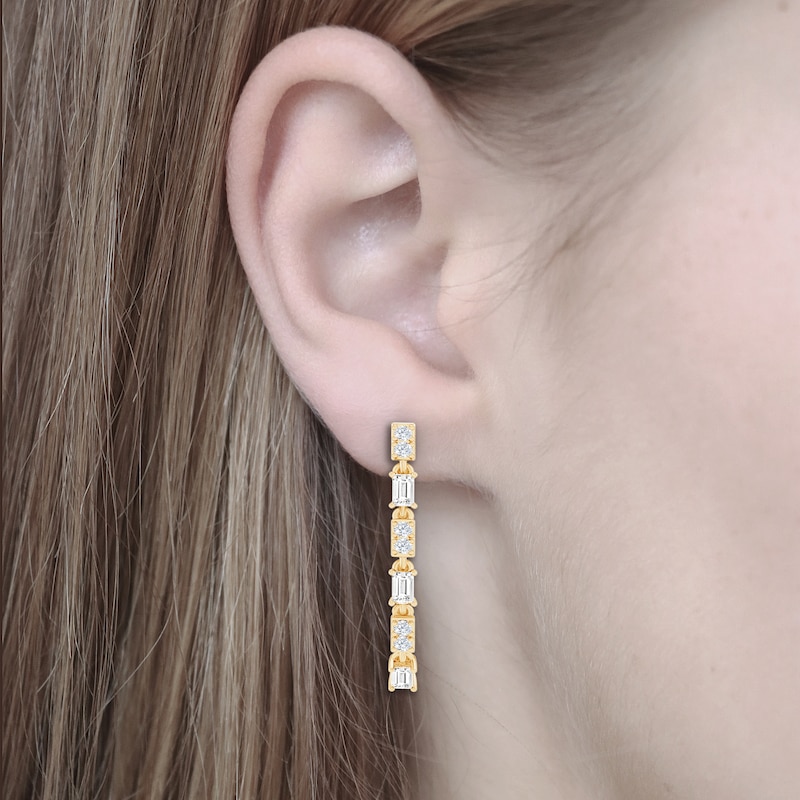 Main Image 3 of Baguette & Round-Cut Diamond Front-Back Chain Dangle Earrings 1/3 ct tw 10K Yellow Gold