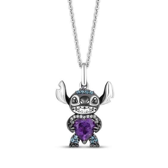 Disney Treasures Lilo & Stitch Heart-Shaped Amethyst, London Blue Topaz & Diamond Accent Necklace Sterling Silver 19"