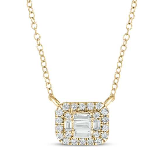 Baguette & Round-Cut Multi-Diamond Cushion Halo Necklace 1/4 ct tw 10K Yellow Gold 18"