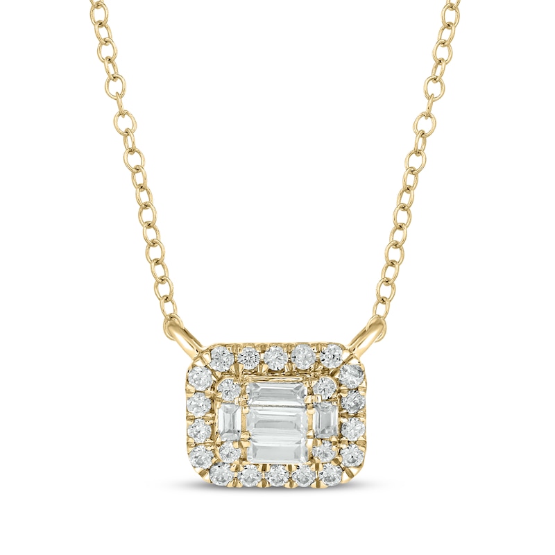 Main Image 1 of Baguette & Round-Cut Multi-Diamond Cushion Halo Necklace 1/4 ct tw 10K Yellow Gold 18"
