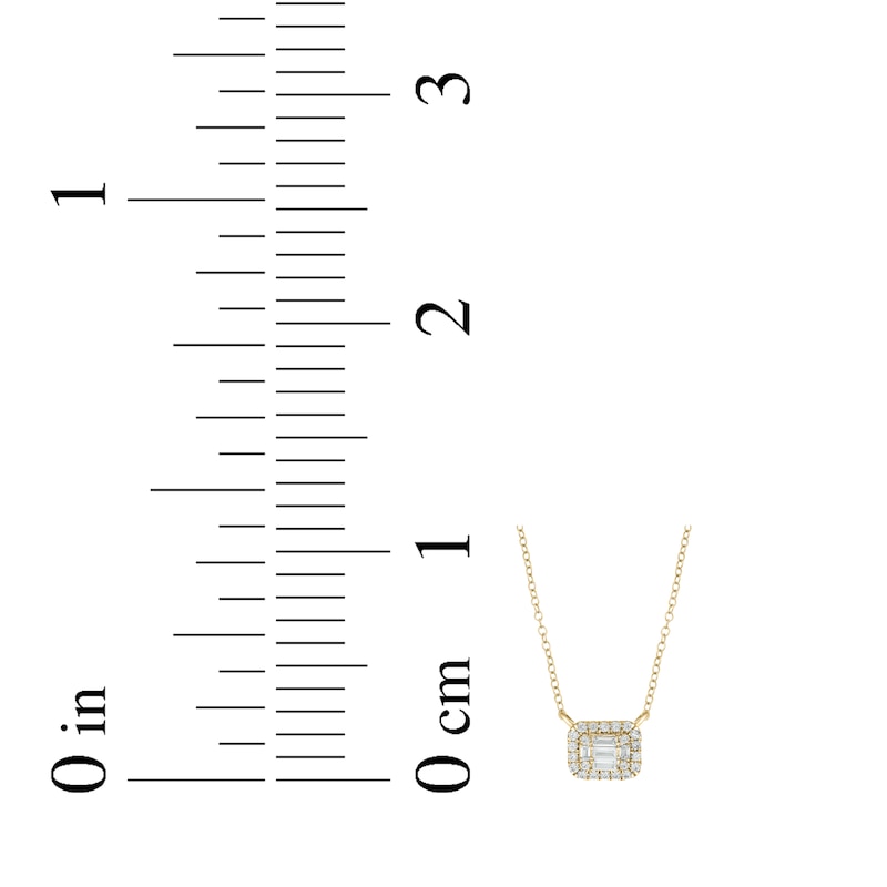 Main Image 3 of Baguette & Round-Cut Multi-Diamond Cushion Halo Necklace 1/4 ct tw 10K Yellow Gold 18"