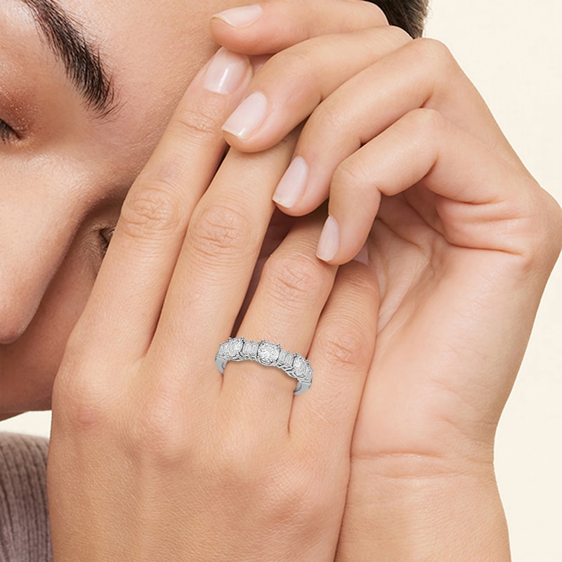 Main Image 6 of Now + Forever Lab-Grown Diamonds Round & Baguette-Cut Anniversary Ring 1 ct tw 14K White Gold