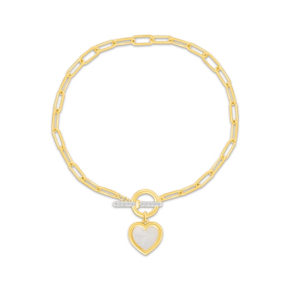 STUDIO BY KAY Mother-of-Pearl & White Lab-Created Sapphire Heart Toggle Bracelet 24K Yellow Gold Vermeil Sterling Silver 7.5"