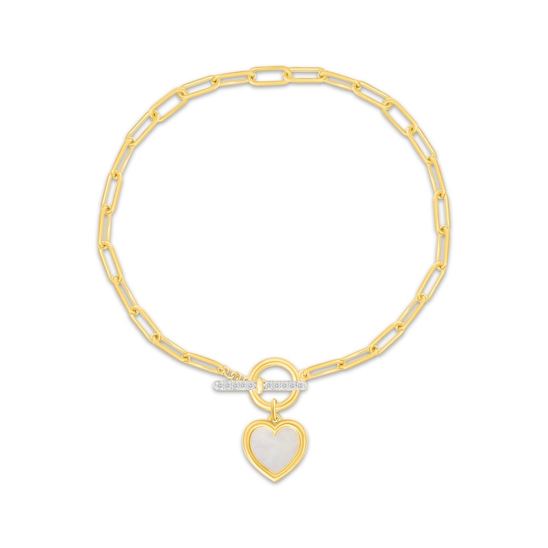 Main Image 1 of STUDIO BY KAY Mother-of-Pearl & White Lab-Created Sapphire Heart Toggle Bracelet 24K Yellow Gold Vermeil Sterling Silver 7.5"