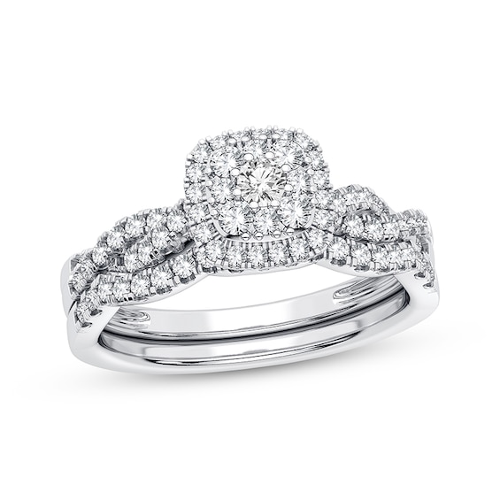 Now + Forever Multi-Diamond Cushion Halo Bridal Set 1/2 ct tw 10K White Gold