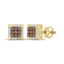 Men's Brown & White Diamond Framed Stud Earrings 1/4 ct tw 10K Yellow Gold