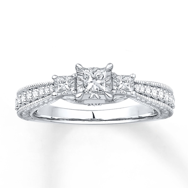 Main Image 1 of Memories Moments Magic 3-Stone Diamond Ring 1/2 ct tw Princess-cut 14K White Gold