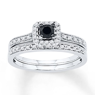 Round-Cut Black & White Diamond Halo Bridal Set 1/2 ct tw 10K White Gold