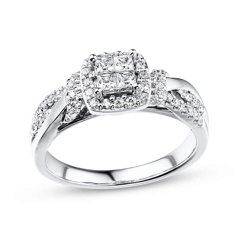 Diamond Engagement Ring 1/2 ct tw Princess & Round 10K White Gold with 360