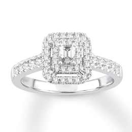 Now + Forever Diamond Engagement Ring 1/2 ct tw Emerald & Round 14K White Gold