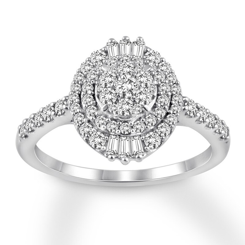 Round & Baguette-cut Diamond Engagement Ring 3/4 ct tw 14K White Gold