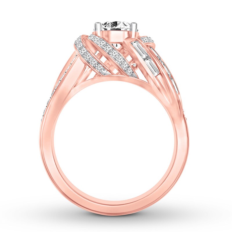 Diamond Engagement Ring 1-1/6 cttw Round & Baguette 14K Rose Gold