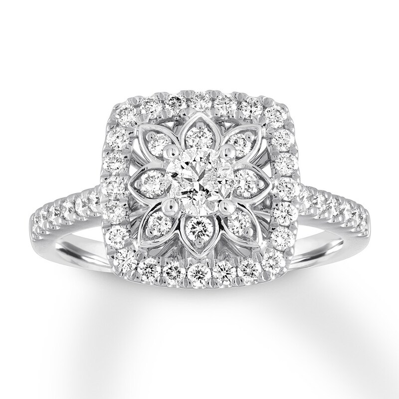 Floral Round-cut Diamond Engagement Ring 3/4 ct tw Round-cut 14K White Gold