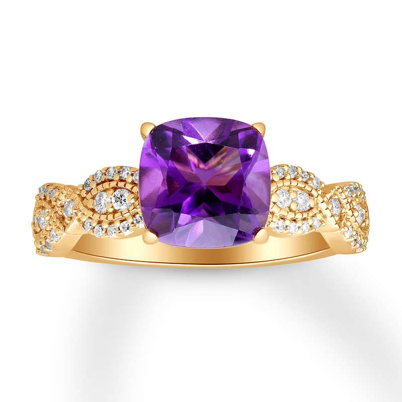 Cushion-cut Amethyst Engagement Ring 1/4 ct tw Diamonds 14K Yellow Gold