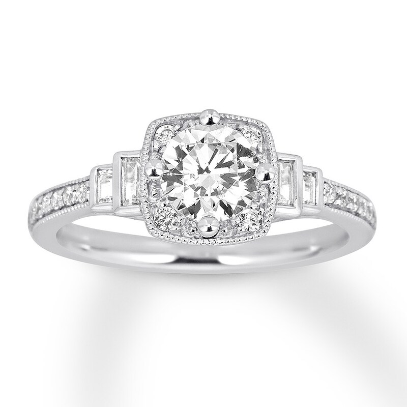 Diamond Engagement Ring 7/8 ct tw Round & Baguette 14K White Gold