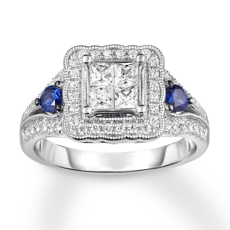 Diamond & Sapphire Engagement Ring 3/4 ct tw Princess-cut 14K White Gold
