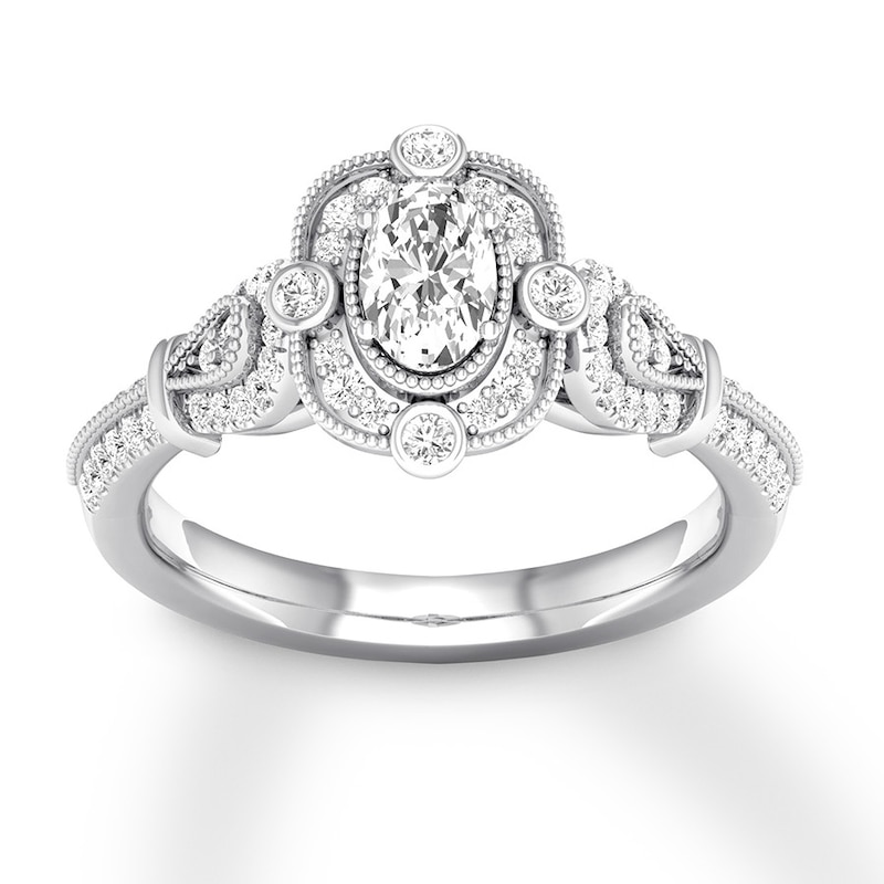 Diamond Engagement Ring 3/4 ct tw Oval & Round 14K White Gold