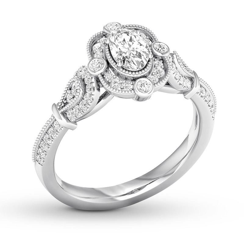 Diamond Engagement Ring 3/4 ct tw Oval & Round 14K White Gold