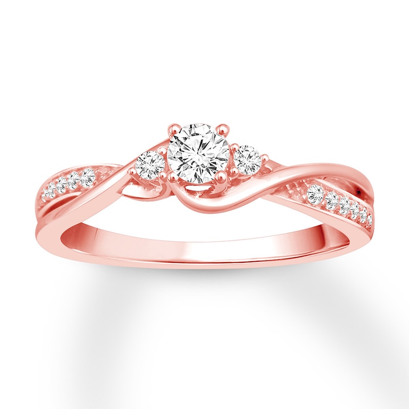Main Image 1 of Memories Moments Magic Three-Stone Engagement Ring 1/3 ct tw Round Diamonds 10K Rose Gold