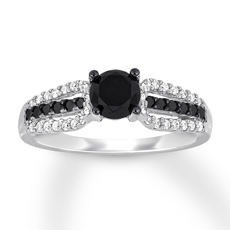 Black & White Diamond Engagement Ring 7/8 ct tw Round-cut 14K White Gold