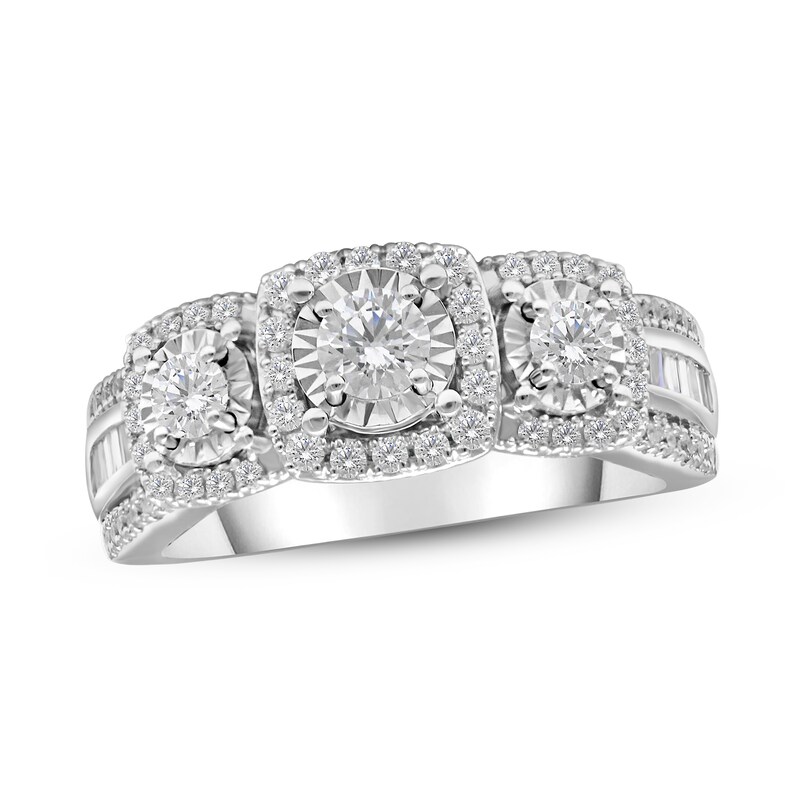 3 Stone Diamond Engagement Ring 1 ct tw Round/Baguette 10K White Gold