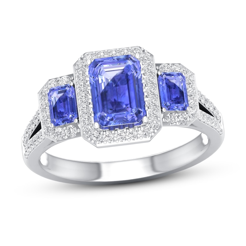 Memories Moments Magic Tanzanite & Diamond Engagement Ring 1/3 ct tw Emerald/Round-cut 10K White Gold